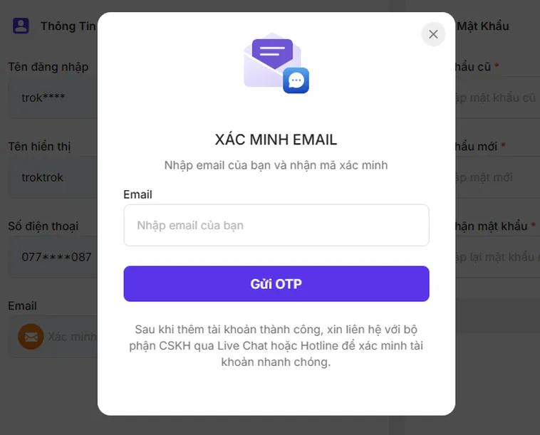 Xác minh tài khoản nhiều bước an toàn tuyệt đổi cho người chơi.